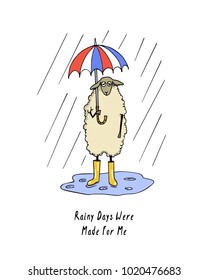 Vector illustration of hand drawn funny sheep standing in the rain in rubber boots. Beautiful animal design elements, ink drawing, funny illustration