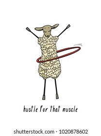 Vector illustration of hand drawn funny sheep twisting the hula hoop. Beautiful animal design elements, ink drawing, funny illustration