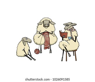 Vector illustration of hand drawn funny sheeps -  knitting woolen, reeding a book. Beautiful animal design elements, ink drawing, funny illustration