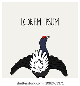 Vector illustration of hand drawn funny male black grouse, backview. Beautiful animal design elements, ink drawing.