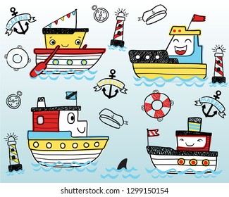 Vector illustration of hand drawn funny boat cartoon with sailing elements cartoon