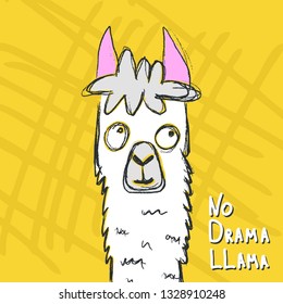 Vector illustration of hand drawn funny alpaca with text no drama llama.