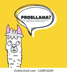 Vector illustration of hand drawn funny lama with quote text probllama.