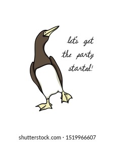 Vector illustration of hand drawn funny dancing Brown Booby. Ink drawing, beautiful animal design elements.