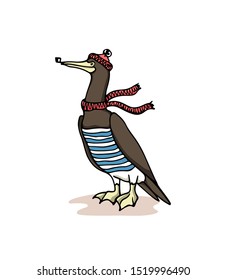 Vector illustration of hand drawn funny Brown Booby in sailor outfit. Ink drawing, beautiful design elements.