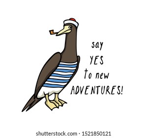 Vector illustration of hand drawn funny Brown Booby in sailor outfit. Ink drawing, beautiful design elements.
