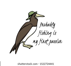 Vector illustration of hand drawn funny Brown Booby in fisherman hat. Ink drawing, beautiful funny design elements.