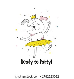 Ilustración vectorial de un perro divertido de moda dibujado a mano. Listo para la tarjeta de fiesta. Impresión de vectores