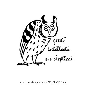 Vector illustration of hand drawn funny skeptical Long-Eared Owl. Ink drawing, decorative graphic style. Beautiful animal design elements, logo template 