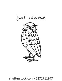 Vector illustration of hand drawn funny skeptical Eagle Owl. Ink drawing, decorative graphic style. Beautiful animal design elements, logo template 