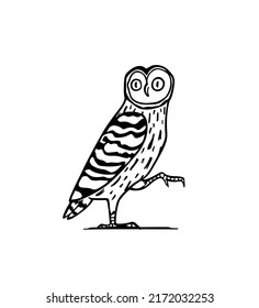 Vector illustration of hand drawn funny funky Great Grey Owl. Ink drawing, decorative graphic style. Beautiful animal design elements, logo template 