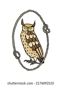 Vector illustration of hand drawn funny Eagle Owl in nautical rope frame. Ink drawing, decorative graphic style. Beautiful animal design elements, logo template 
