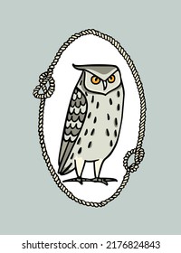 Vector illustration of hand drawn funny Eagle Owl in nautical rope frame. Ink drawing, decorative graphic style. Beautiful animal design elements, logo template 