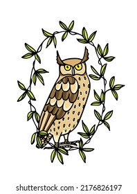 Ilustración vectorial de Lechuza Águila dibujada a mano en flor floral. Dibujo de tinta, estilo gráfico decorativo. Hermosos elementos de diseño animal, plantilla de logotipo 
