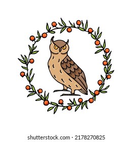Ilustración vectorial de Lechuza Águila dibujada a mano en una corona floral. Dibujo de tinta, estilo gráfico decorativo. Hermosos elementos de diseño animal, plantilla de logotipo 