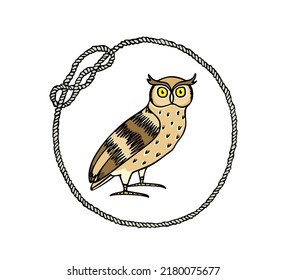 Ilustración vectorial de la divertida Lechuza Águila dibujada a mano en el marco de la cuerda náutica redonda. Dibujo de tinta, estilo gráfico decorativo. Hermosos elementos de diseño animal, plantilla de logotipo 