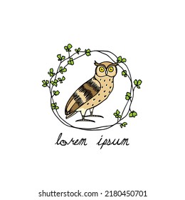 Vector illustration of hand drawn funny skeptical Eagle Owl in leafy floral wreath. Ink drawing, decorative graphic style. Beautiful animal design elements, logo template 