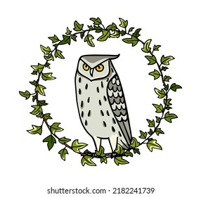 Vector illustration of hand drawn funny skeptical Eagle Owl in leafy ivy wreath. Ink drawing, decorative graphic style. Beautiful animal design elements, logo template 