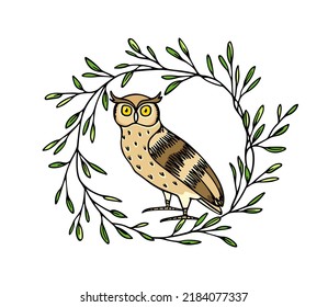 Vector illustration of hand drawn funny skeptical Eagle Owl in leafy floral wreath. Ink drawing, decorative graphic style. Beautiful animal design elements, logo template 