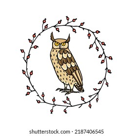 Vektorgrafik handgezeichneter, skeptischer Adler in Beerenblumenreath. Tintenzeichnung, dekorativer Grafikstil. Schöne Elemente für Tierdesign, Logo-Vorlage 