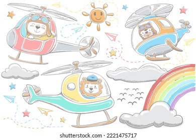 Vector illustration of hand drawn funny animals cartoon on helicopters, sky object elements cartoon