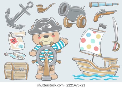 Vector illustration of hand drawn funny bear cartoon in pirate costume, cartoon pirate elements