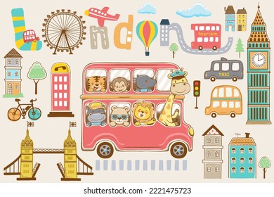 Vector illustration hand drawn funny animals cartoon red bus and London city doodles elements