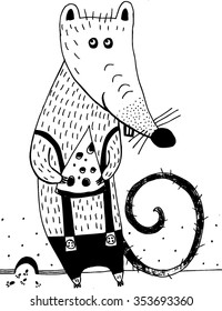 Vector illustration. Hand drawn funny mouse with cheese. Isolated. Doodle black and white sketch.