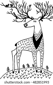Vector illustration. Hand drawn funny deer. Isolated. Doodle black and white sketch.