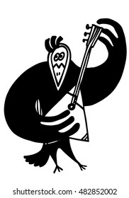Vector illustration. Hand drawn funny crow with balalaika. Isolated. Doodle black and white sketch.