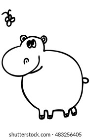 Vector illustration. Hand drawn funny hippo . Isolated. Doodle black and white sketch.