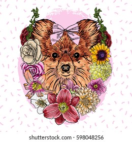 Vector illustration of a hand drawn funny fashionable Pomeranian girl illustration print. Cute fashionable dog face on pink glitter sparkles for t-shirt print greeting card, invitation for pets party.