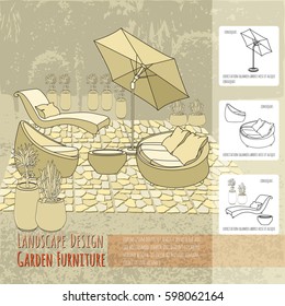 Vector illustration of hand drawn  Garden accessory on beige  background. Landscape design. Summer backyard with outdoor furniture. Rest area.