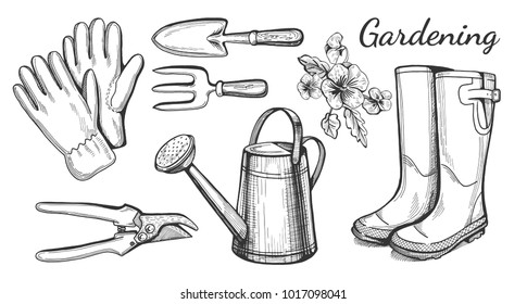 Vector illustration of a hand drawn gardening and agriculture related objects: gloves, pruner, rain boots, fork and trovel, watering can, pansy flowers. 