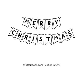 Vector illustration of a hand drawn garland of flags with the inscription merry Christmas. Doodle design for party invitations. Isolated design on a white background.