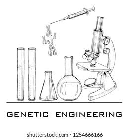 Vector illustration of hand drawn genetic engineering. Set elements for DNA laboratories. Sketch microscope, test tubes, syringe and celll chromosome. Objects for laboratories researches