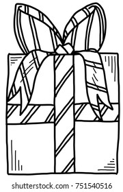 Vector illustration of a hand drawn gift box decorated with a bow.