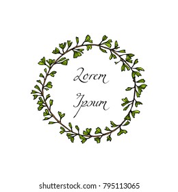 Vector illustration of hand drawn Ginkgo biloba wreath. Ink drawing, graphic style, logo template