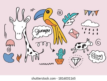 Vector illustration: Hand drawn giraffe sketch with leaves, cactus,cow,diamond, and clouds and other element design. Line design.