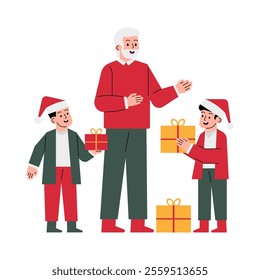 Vector Illustration of Hand Drawn Giving Christmas Gifts to Kids.