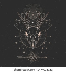 Vector illustration with hand drawn Goat skull and Sacred geometric symbol on black vintage background. Abstract mystic sign. Gold linear shape. For you design and magic craft.