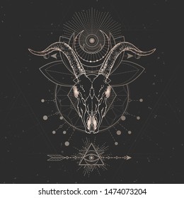 Vector illustration with hand drawn Goat skull and Sacred geometric symbol on black vintage background. Abstract mystic sign. Gold linear shape. For you design and magic craft.