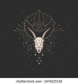 Vector illustration with hand drawn Goat skull and Sacred geometric symbol on black vintage background. Abstract mystic sign. Gold linear shape. For you design and magic craft.