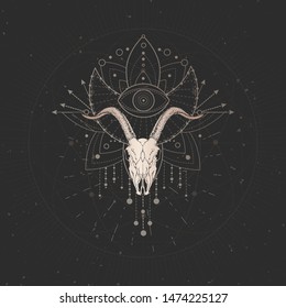 Vector illustration with hand drawn Goat skull and Sacred geometric symbol on black vintage background. Abstract mystic sign. Gold linear shape. For you design and magic craft.