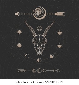 Vector illustration with hand drawn Goat skull and Sacred geometric symbol on black vintage background. Abstract mystic sign. Gold linear shape. For you design and magic craft.