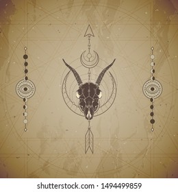 Vector illustration with hand drawn goat skull and Sacred geometric symbol on vintage paper background. Abstract mystic sign. Sepia linear shape. For you design or magic craft.