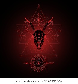 Vector illustration with hand drawn goat skull and Sacred geometric symbol on black background. Abstract mystic sign. Red linear shape. For you design, tattoo or magic craft.