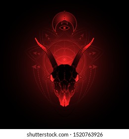 Vector illustration with hand drawn goat skull and Sacred geometric symbol on black background. Abstract mystic sign. Red linear shape. For you design, tattoo or magic craft.