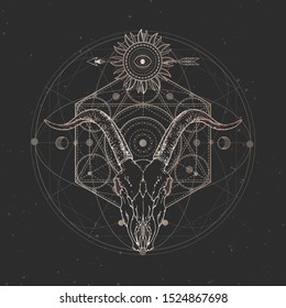 Vector illustration with hand drawn Goat skull and Sacred geometric symbol on black vintage background. Abstract mystic sign. Gold linear shape. For you design and magic craft.