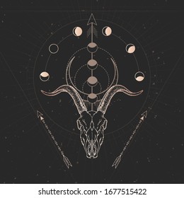 Vector illustration with hand drawn Goat skull and Sacred geometric symbol on black vintage background. Abstract mystic sign. Gold linear shape. For you design and magic craft.